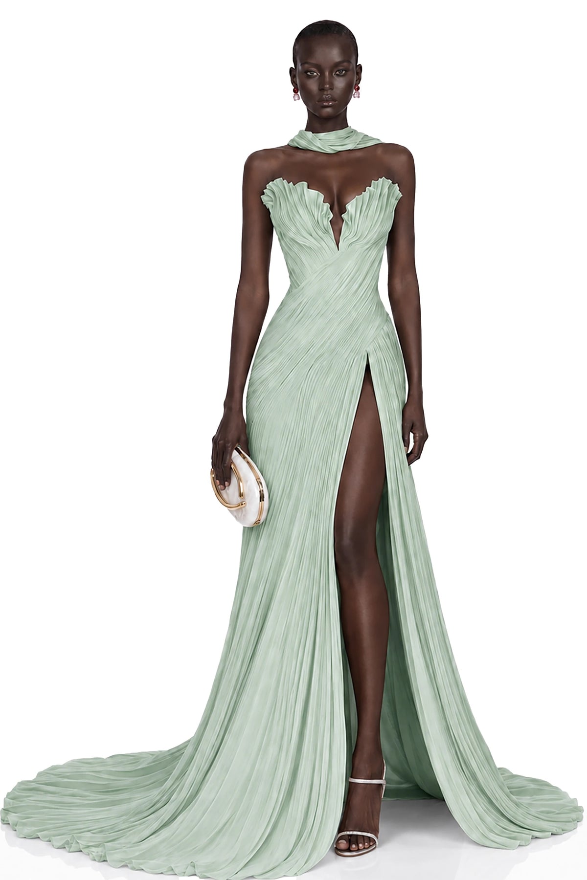 Solveig Green Off Shoulder Pleated Maxi Dress with Hign Slit