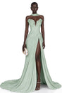 Solveig Green Off Shoulder Pleated Maxi Dress with Hign Slit