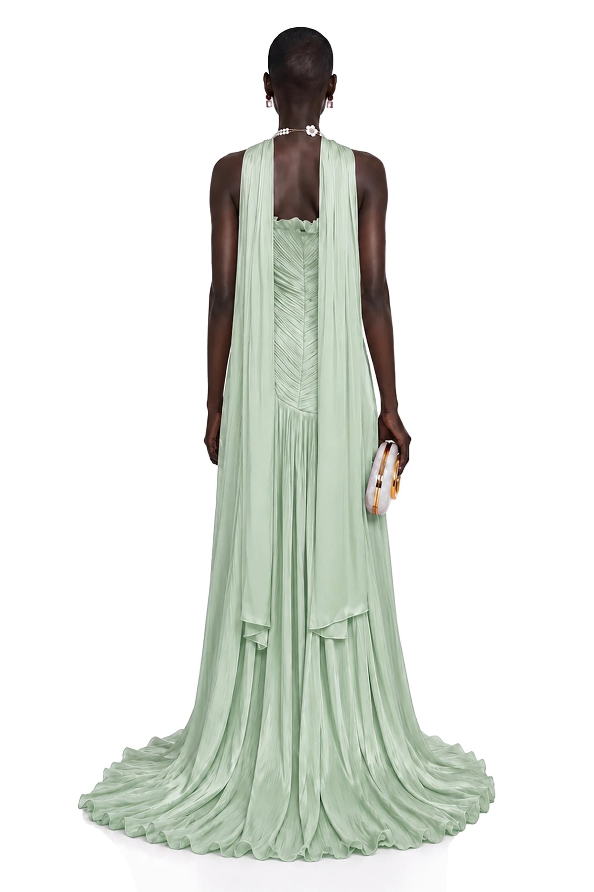 Solveig Green Off Shoulder Pleated Maxi Dress with Hign Slit