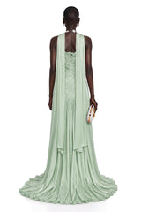 Solveig Green Off Shoulder Pleated Maxi Dress with Hign Slit