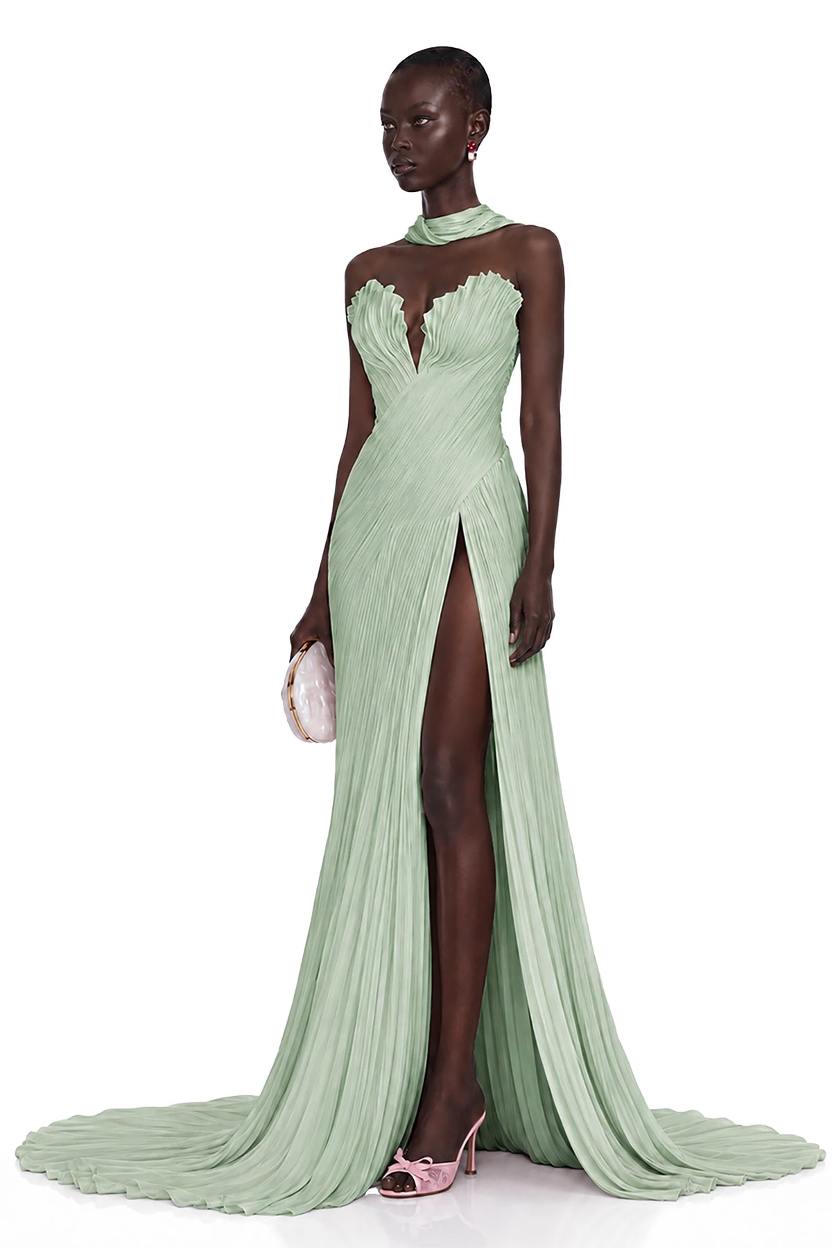 Solveig Green Off Shoulder Pleated Maxi Dress with Hign Slit