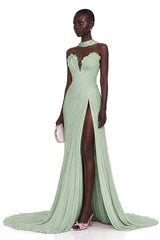 Solveig Green Off Shoulder Pleated Maxi Dress with Hign Slit