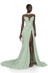 Solveig Green Off Shoulder Pleated Maxi Dress with Hign Slit