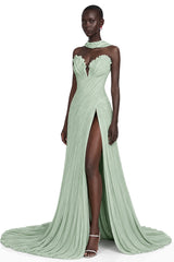 Solveig Green Off Shoulder Pleated Maxi Dress with Hign Slit