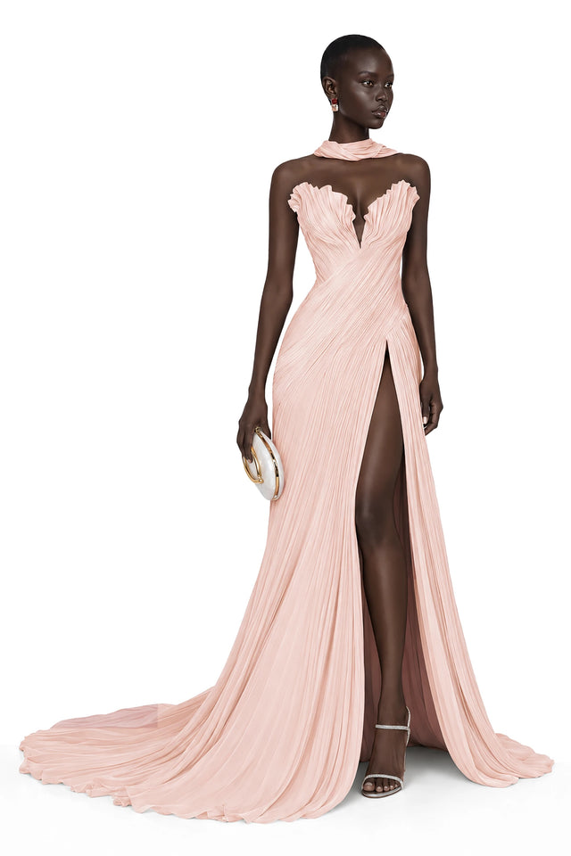 Solveig Pink Off Shoulder Pleated Maxi Dress with Hign Slit