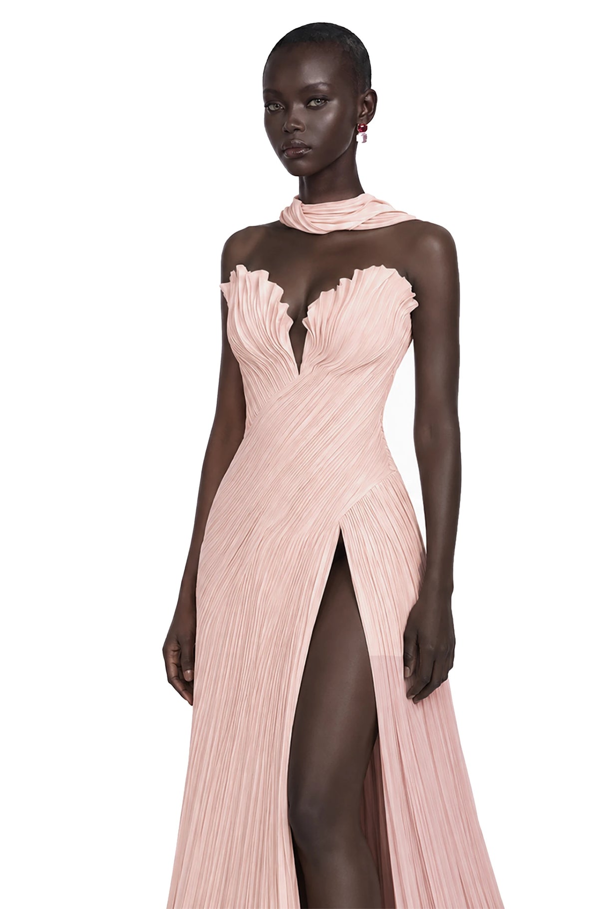 Solveig Pink Off Shoulder Pleated Maxi Dress with Hign Slit