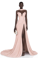 Solveig Pink Off Shoulder Pleated Maxi Dress with Hign Slit