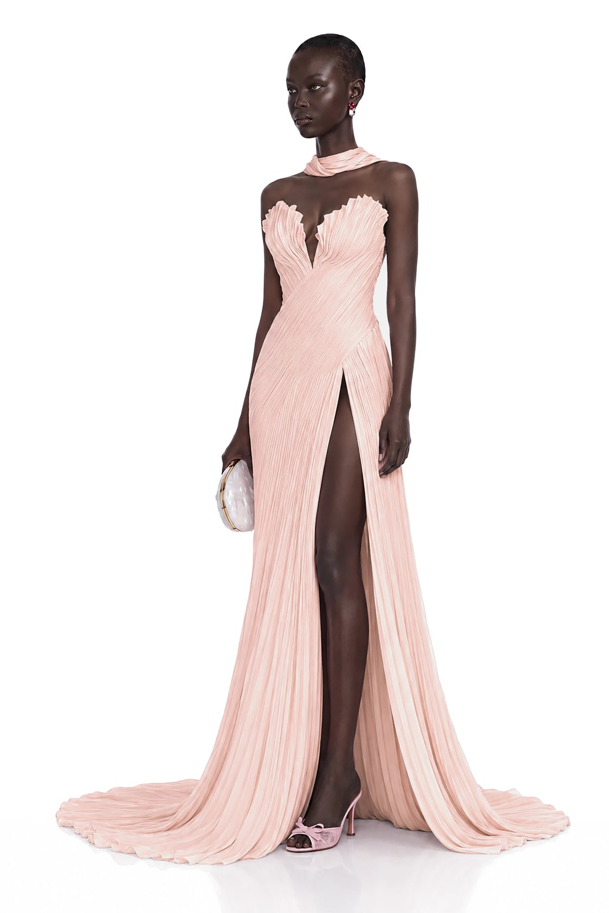 Solveig Pink Off Shoulder Pleated Maxi Dress with Hign Slit