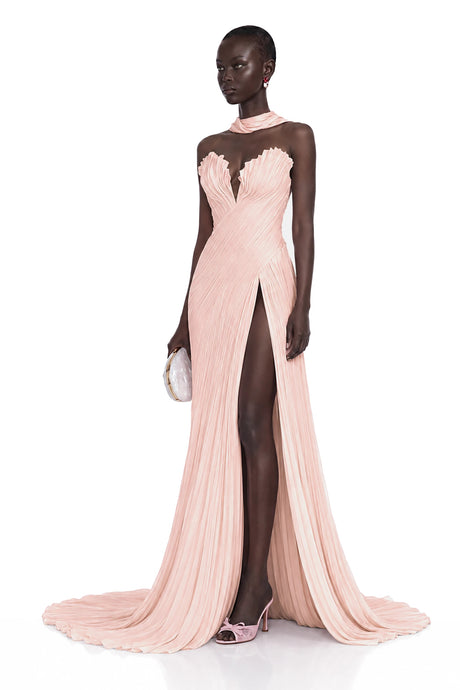 Malia Maxi Dress Pink Off Shoulder Pleated with Hign Slit