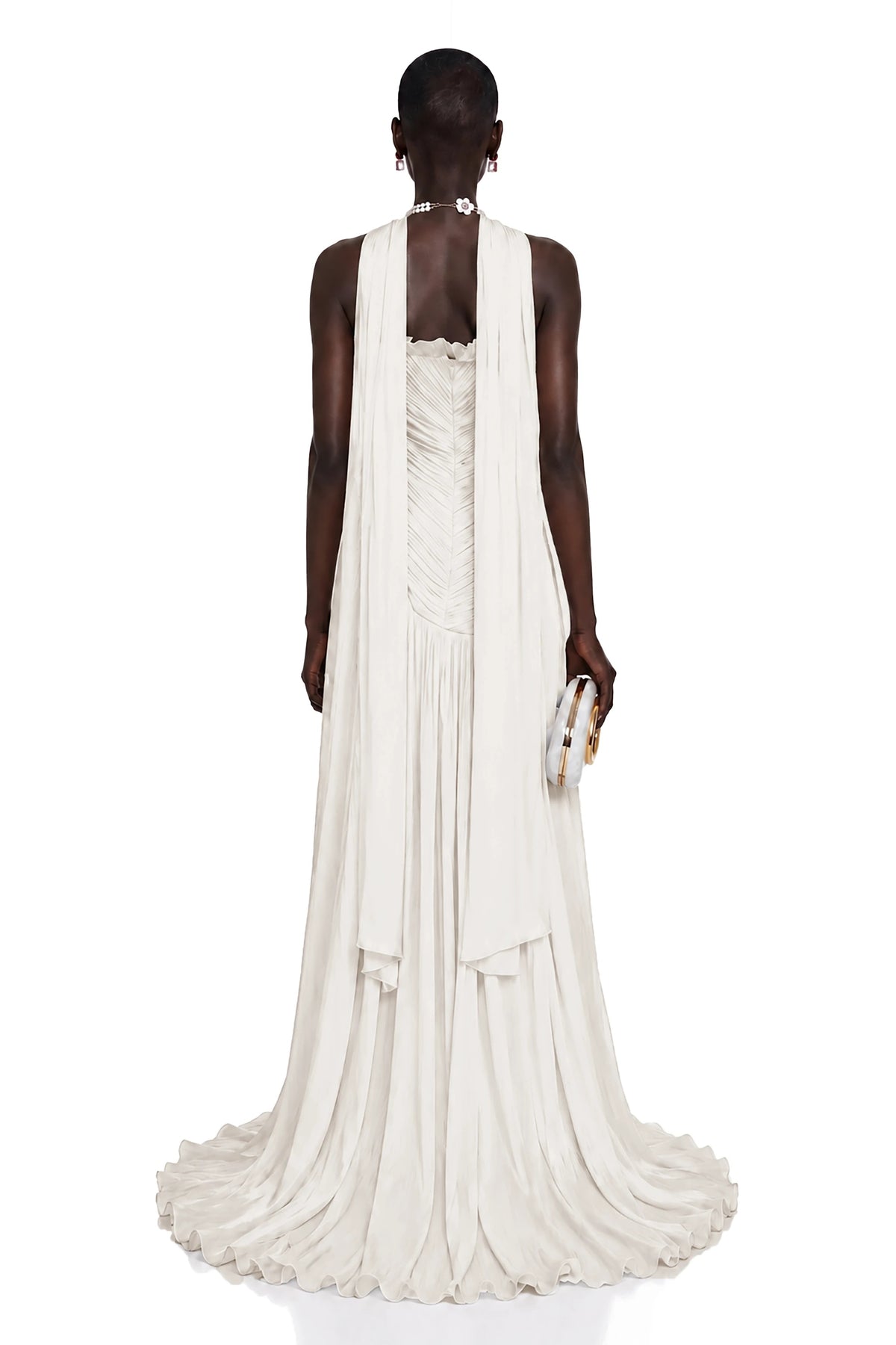 Solveig White Off Shoulder Pleated Maxi Dress with Hign Slit
