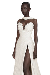 Solveig White Off Shoulder Pleated Maxi Dress with Hign Slit