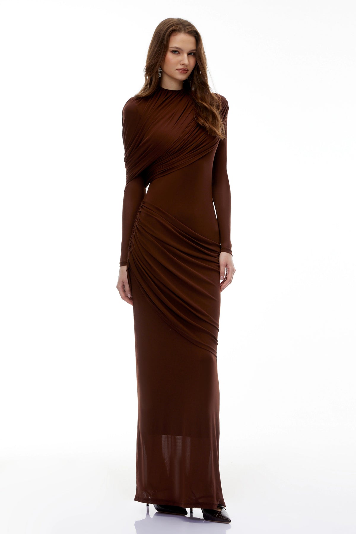 Sophia Chocolate Brown Draped Jersey Maxi Dress