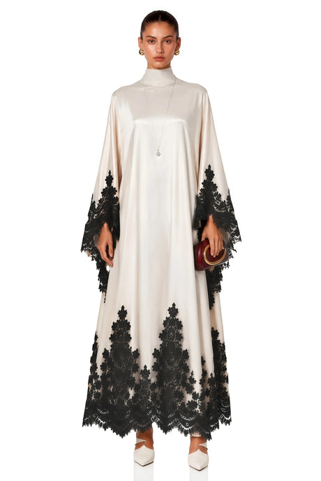 Mackenzie Maxi Dress Cream High Neck with Lace Trim