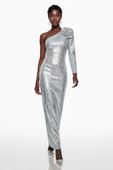 Sophia Silver Sequin Corset Maxi Dress with 3D Petals