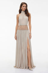 Sophie Almond Grey Embellished Ruched Maxi Dress