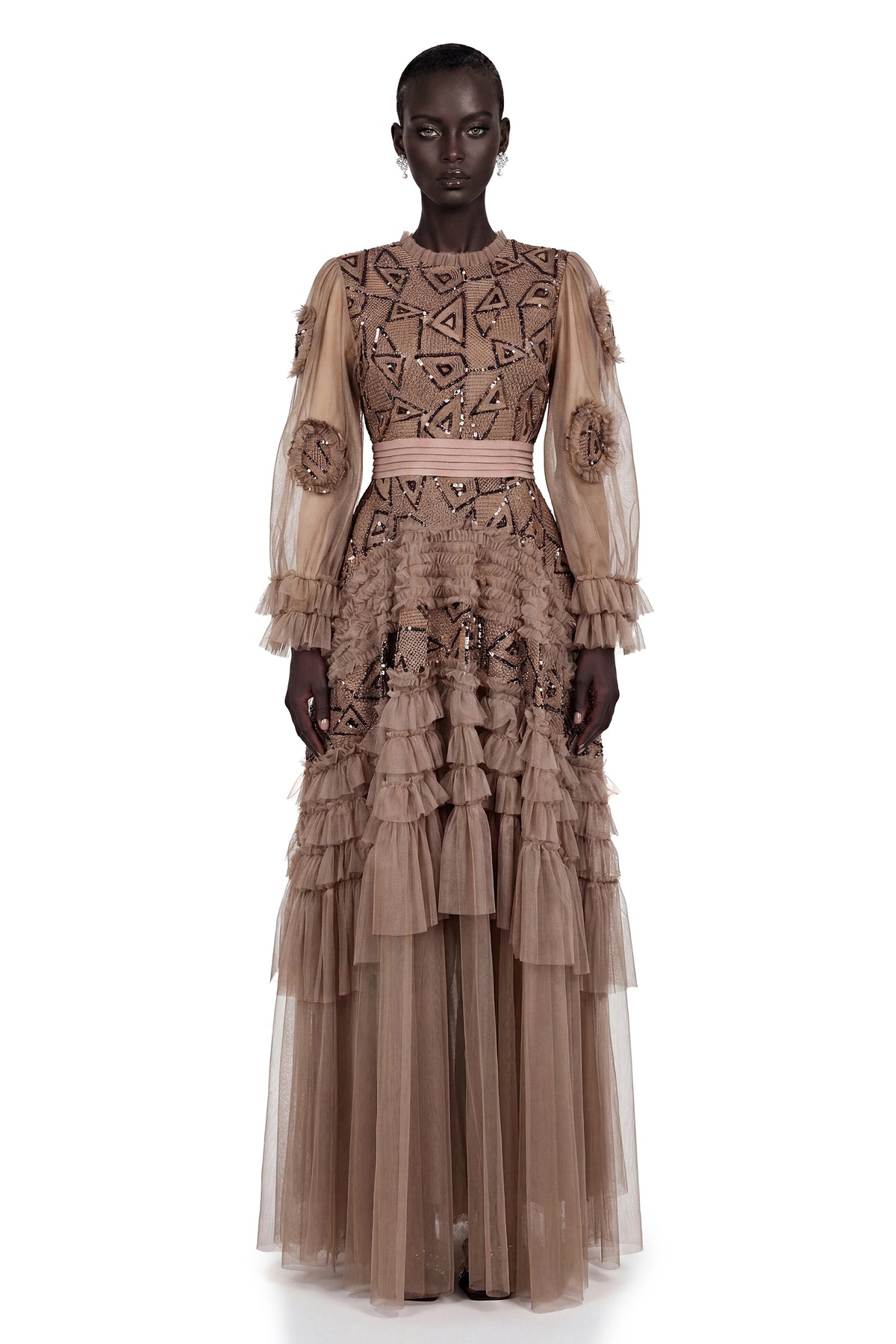 Sophie Chocolate Brown Crochet Knit Ruffled Maxi Dress