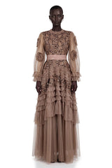 Sophie Chocolate Brown Crochet Knit Ruffled Maxi Dress