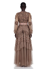 Sophie Chocolate Brown Crochet Knit Ruffled Maxi Dress