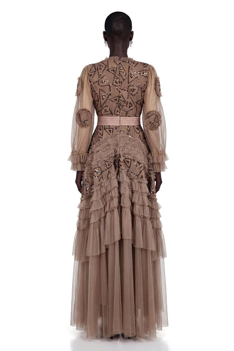 Presley Maxi Dress Chocolate Brown Crochet Knit Ruffled