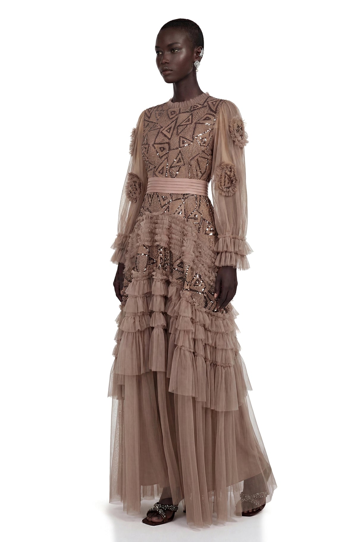 Sophie Chocolate Brown Crochet Knit Ruffled Maxi Dress