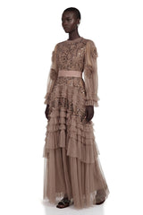 Sophie Chocolate Brown Crochet Knit Ruffled Maxi Dress