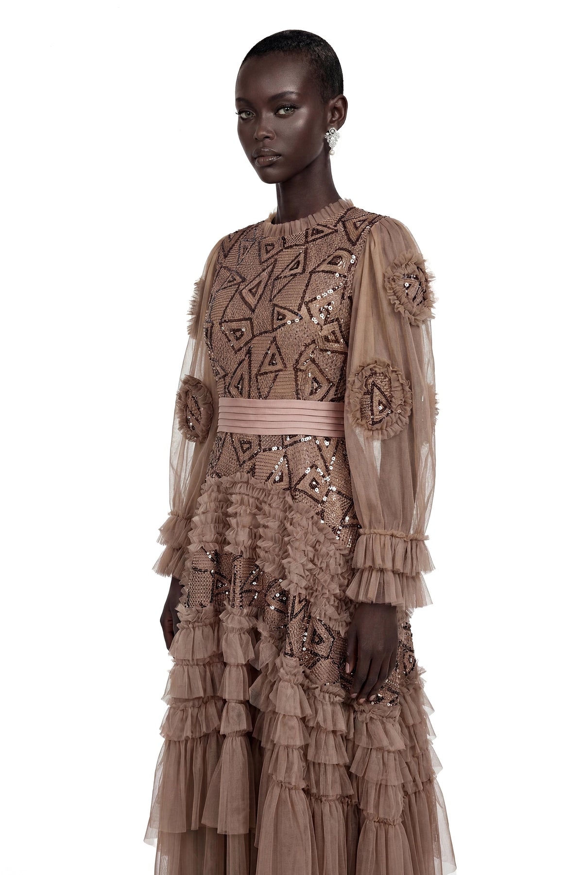 Sophie Chocolate Brown Crochet Knit Ruffled Maxi Dress