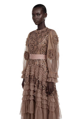 Sophie Chocolate Brown Crochet Knit Ruffled Maxi Dress