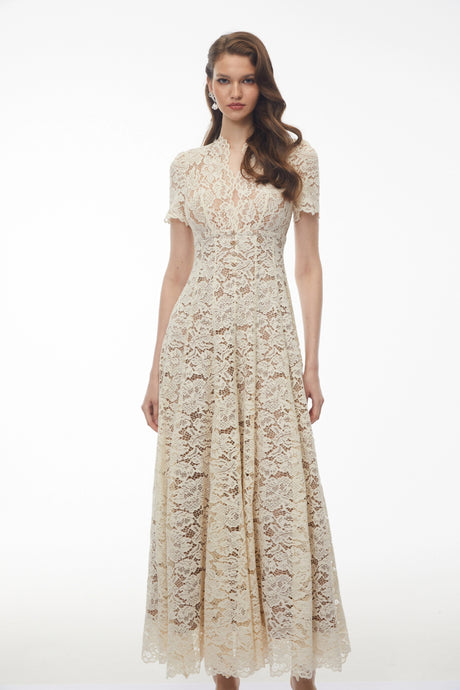 Giovanna Maxi Dress Cream Plunge Neck Floral Lace