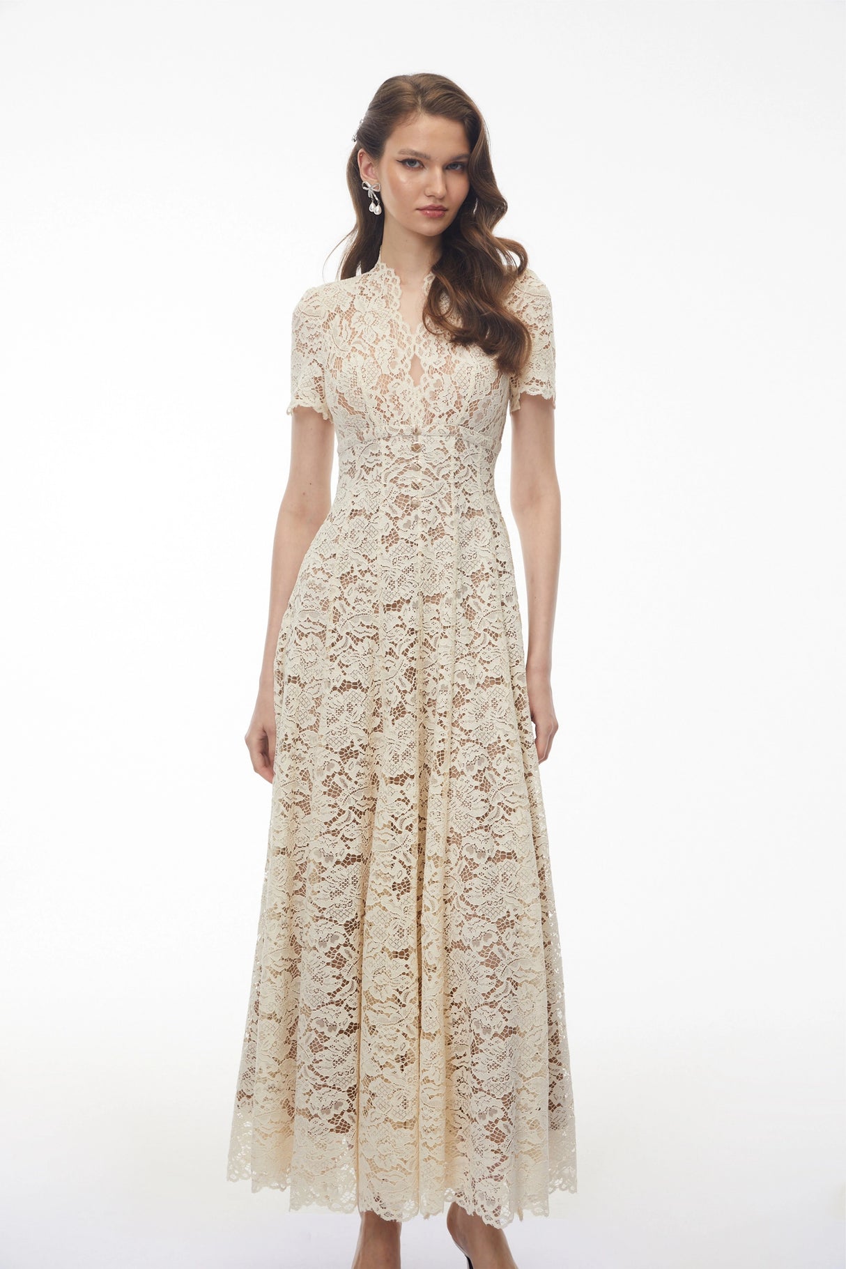 Sophie Cream Plunge Neck Floral Lace Maxi Dress