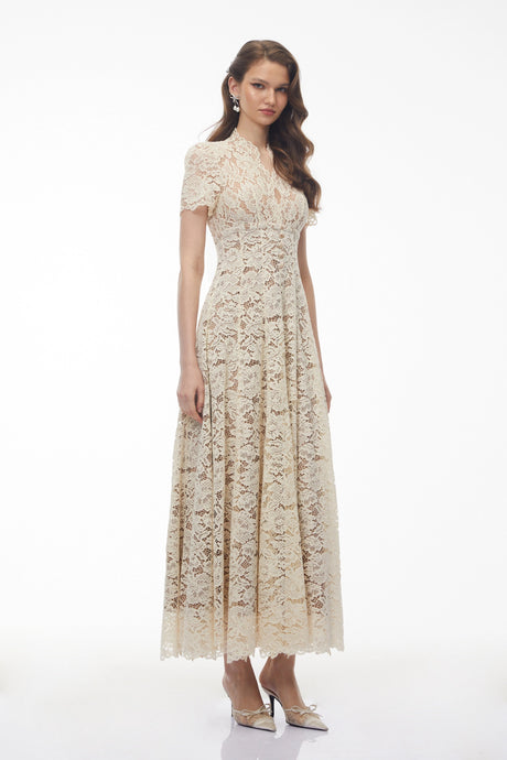 Giovanna Maxi Dress Cream Plunge Neck Floral Lace