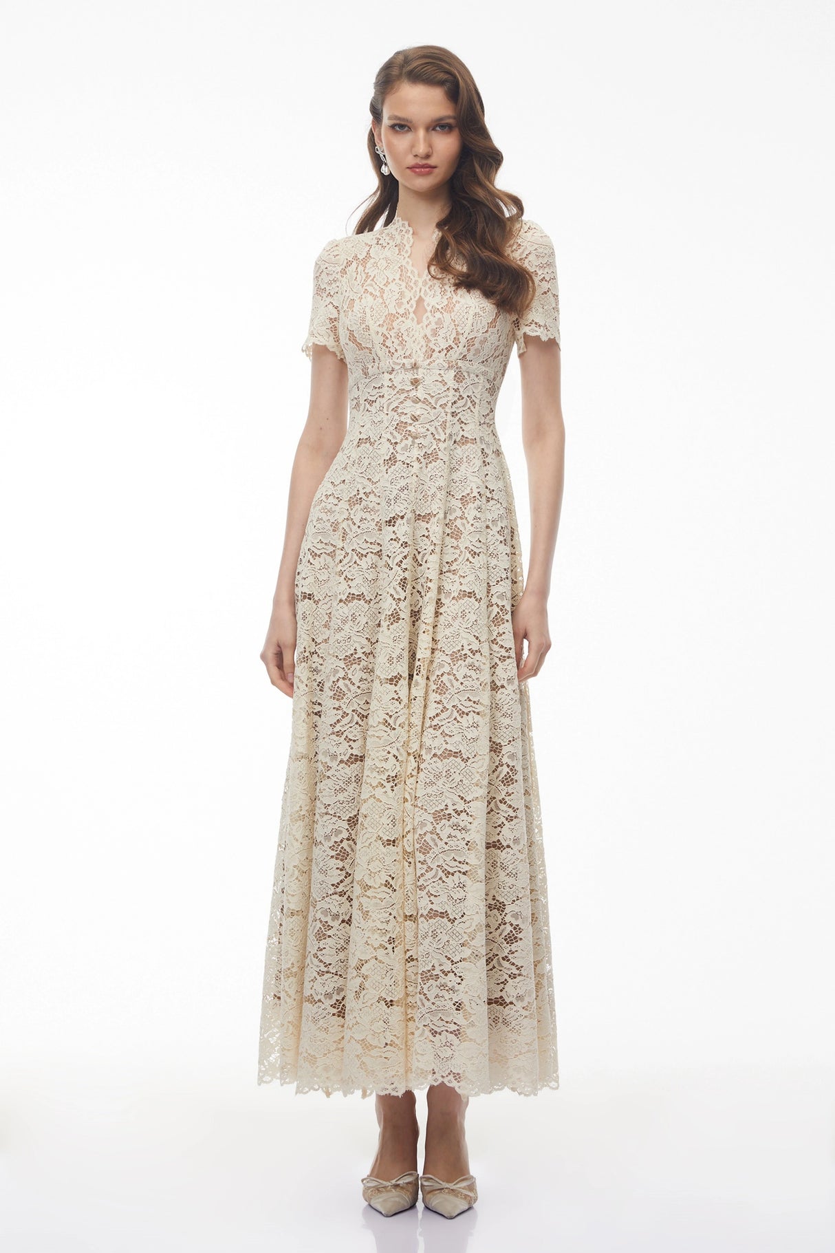 Sophie Cream Plunge Neck Floral Lace Maxi Dress
