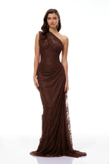 Stefania Brown Floral Lace Maxi Gown