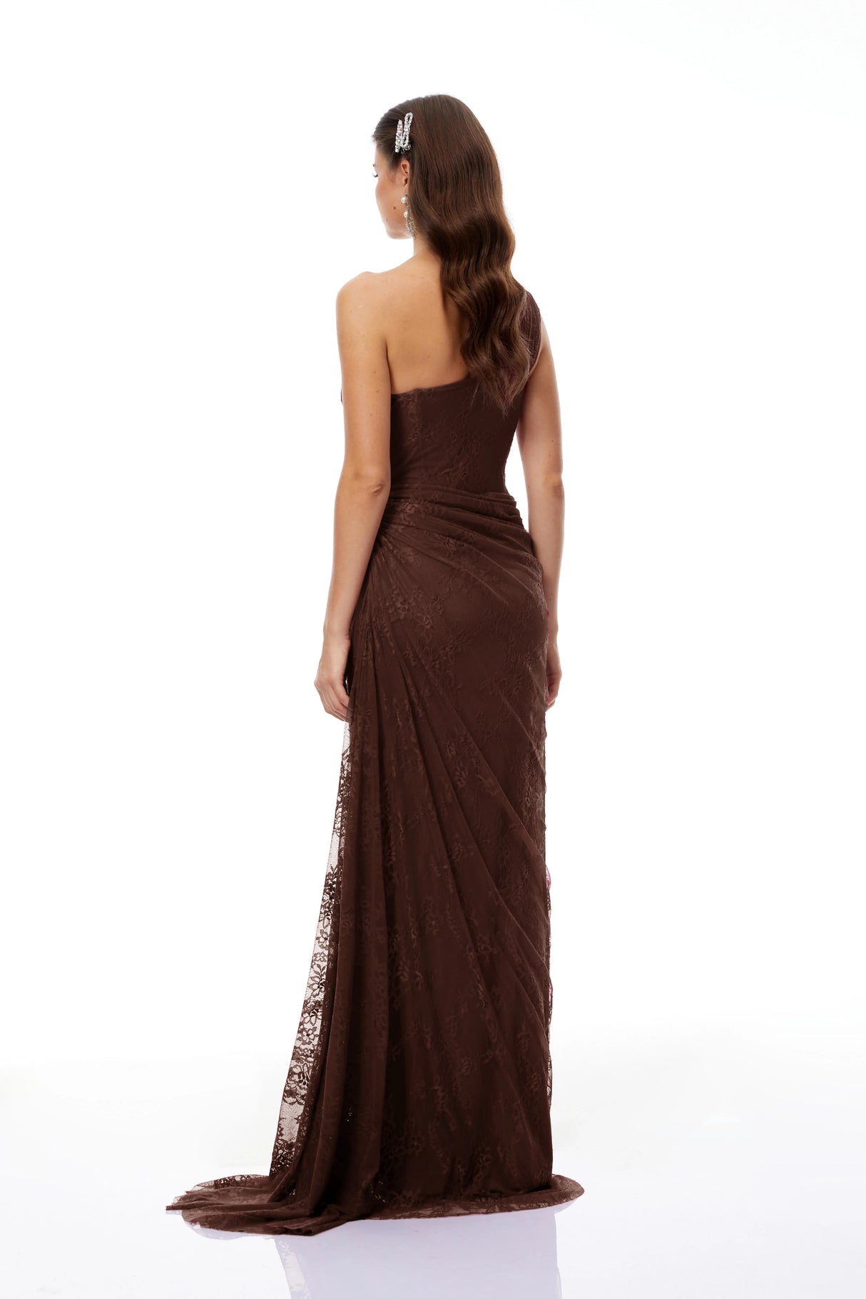 Stefania Brown Floral Lace Maxi Gown