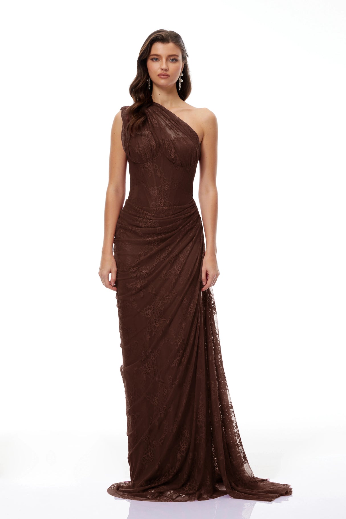 Stefania Brown Floral Lace Maxi Gown
