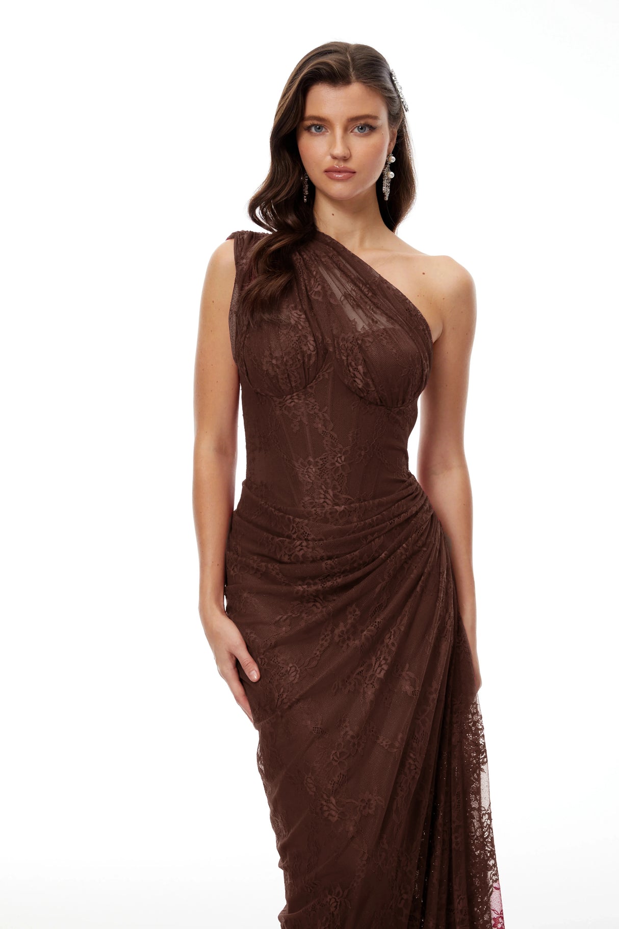 Stefania Brown Floral Lace Maxi Gown