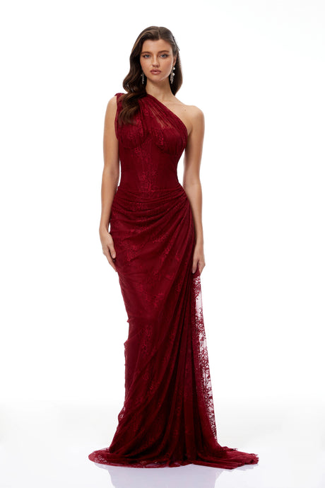 Maia Ruby Red Floral Lace Maxi Gown