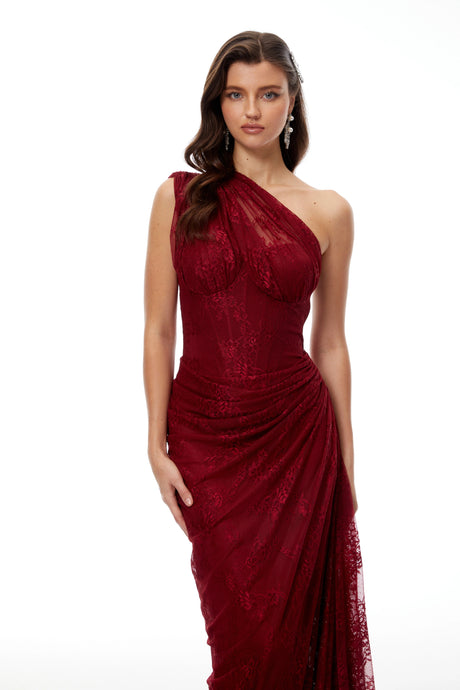 Maia Ruby Red Floral Lace Maxi Gown