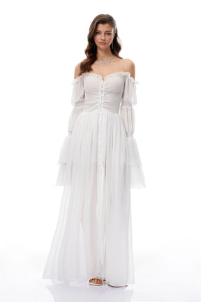 Stefania White Smocked Shirred Chiffon Maxi Dress