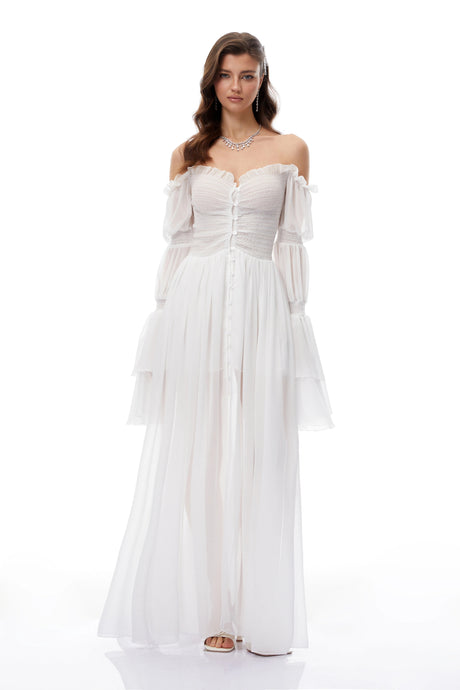 Sofia Maxi Dress White Smocked Shirred Chiffon