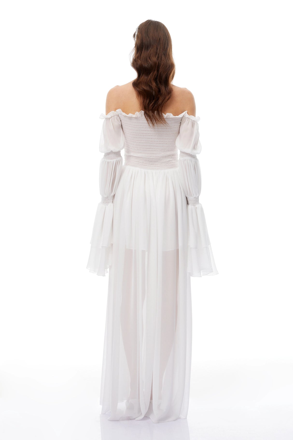 Stefania White Smocked Shirred Chiffon Maxi Dress