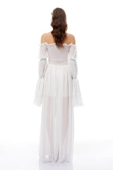 Stefania White Smocked Shirred Chiffon Maxi Dress