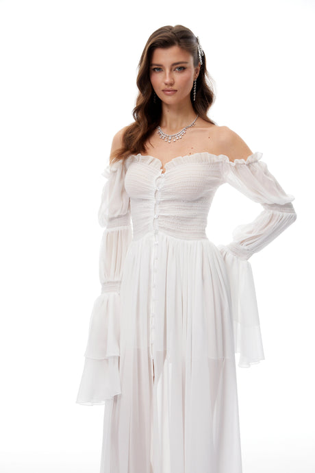 Sofia Maxi Dress White Smocked Shirred Chiffon