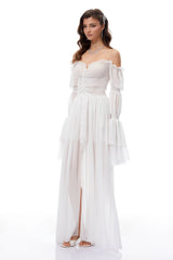 Stefania White Smocked Shirred Chiffon Maxi Dress