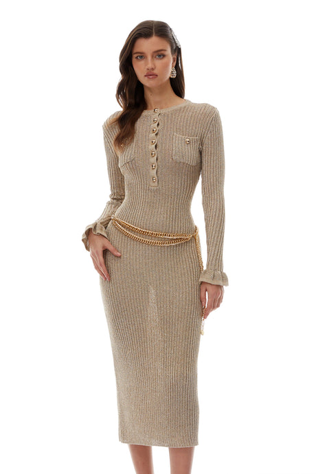 Assuntina Midi Dress Gold Chain Tie Ribbed Knit