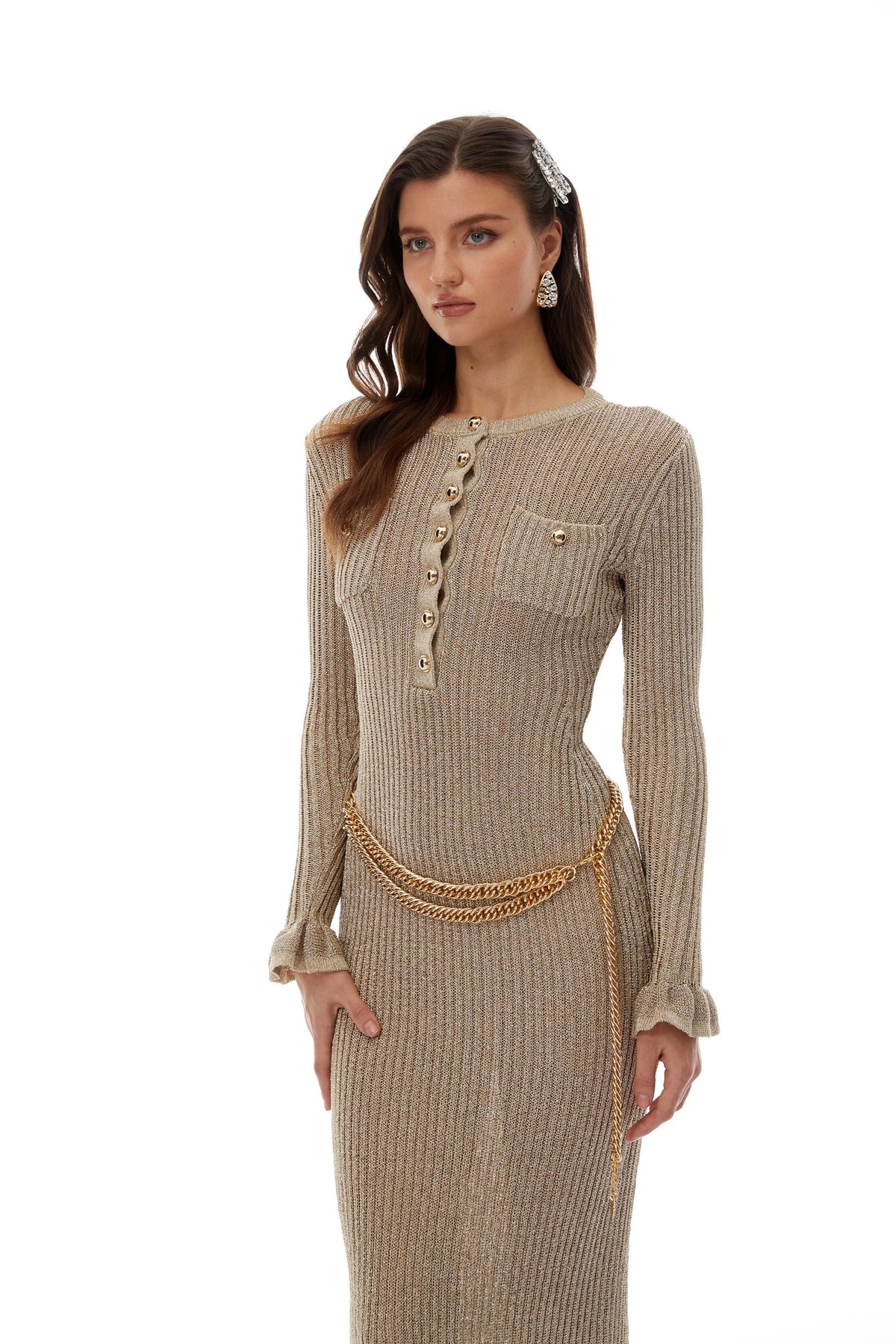 Steinunn Gold Chain Tie Ribbed Knit Midi Dress