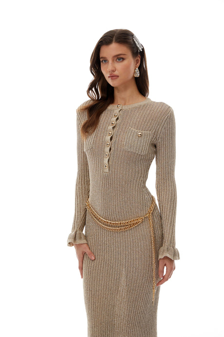 Assuntina Midi Dress Gold Chain Tie Ribbed Knit