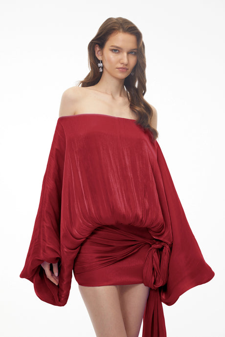 Brielle Mini Dress Red Off Shoulder Asymmetrical