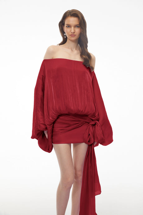 Brielle Mini Dress Red Off Shoulder Asymmetrical