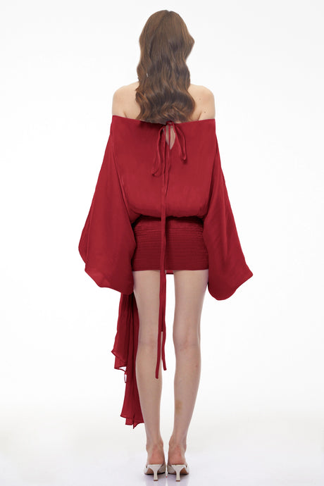 Brielle Mini Dress Red Off Shoulder Asymmetrical