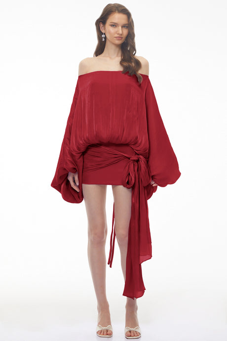 Brielle Mini Dress Red Off Shoulder Asymmetrical